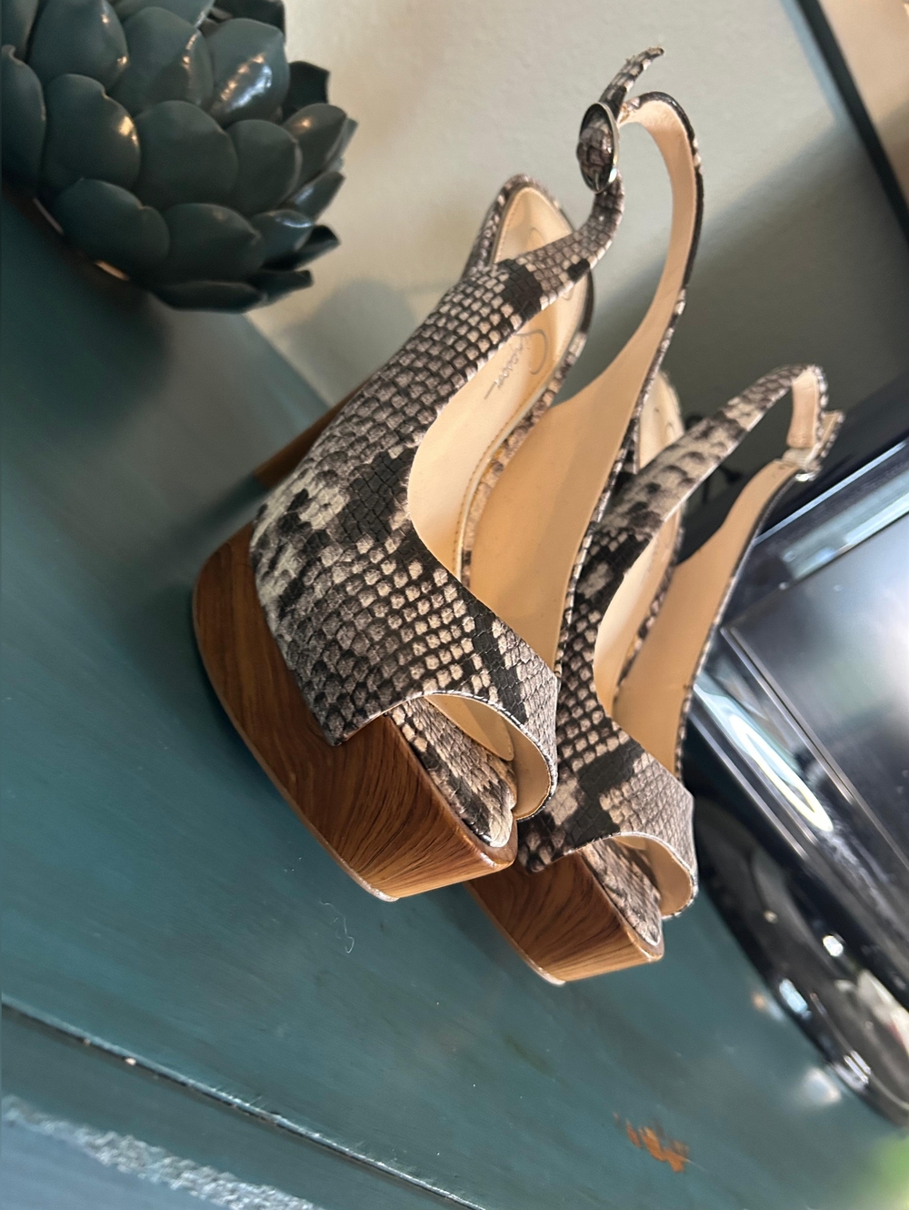 Jessica Simpson Black and Gray Snake-Print Slingback Platform Heels
